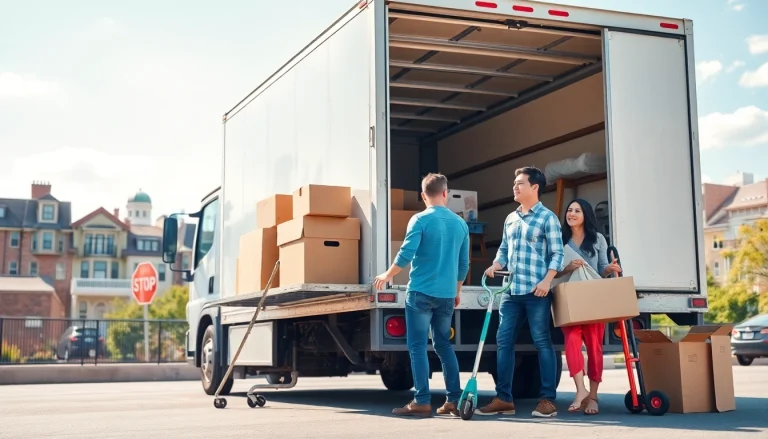 Queens movers helping a family with relocation, displaying an energetic atmosphere with a moving truck.