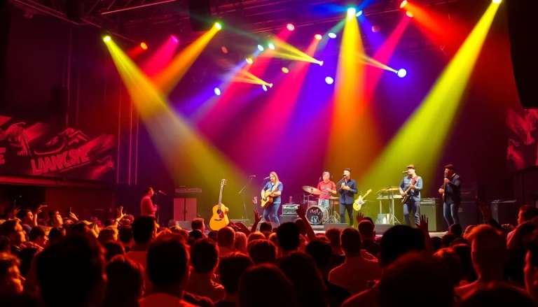 Experience the lively atmosphere of 汽水音乐官网's concert scene, featuring musicians and an excited audience.
