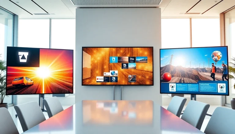 Engage audiences with Multi-screen digital signage management displayed in a professional business setting.