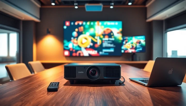 Presenting a vibrant presentation via a projector in a modern conference room.
