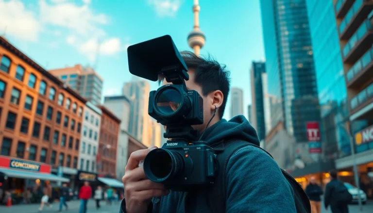 Capture a scene showcasing Stories Documentaries Toronto with a filmmaker in action, highlighting the city's culture.