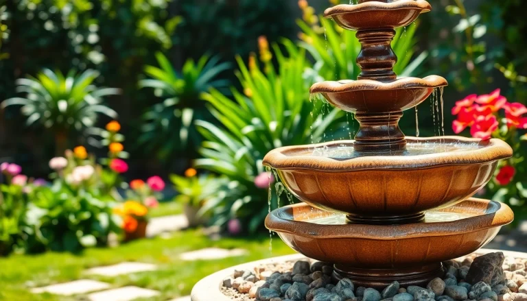 Gartenbrunnen vor einem grünen Garten, Wasser fließt sanft und schafft eine entspannende Atmosphäre.