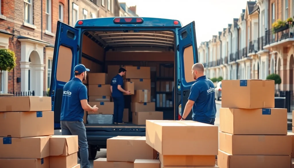Efficient removal companies East London showcased as professional movers load a van with boxes.