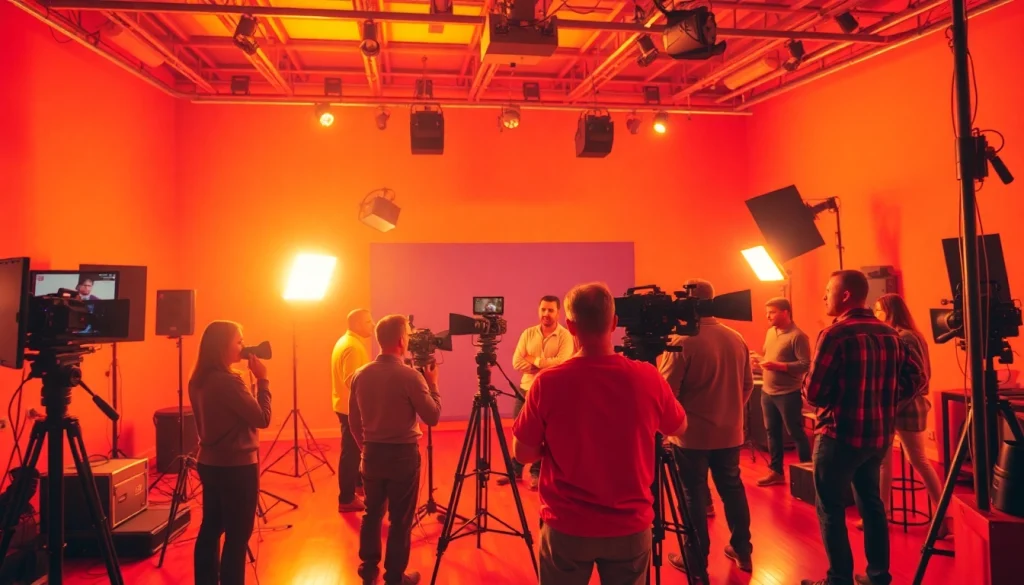 Engage in 영상제작 with a dynamic film crew scene featuring cameras and lights in action.
