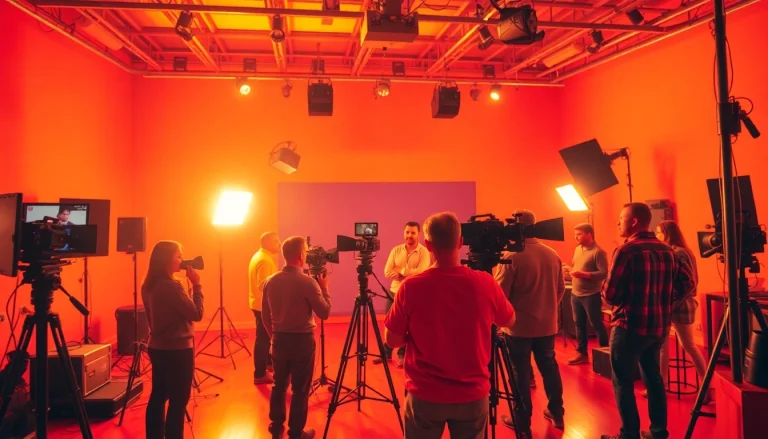 Engage in 영상제작 with a dynamic film crew scene featuring cameras and lights in action.