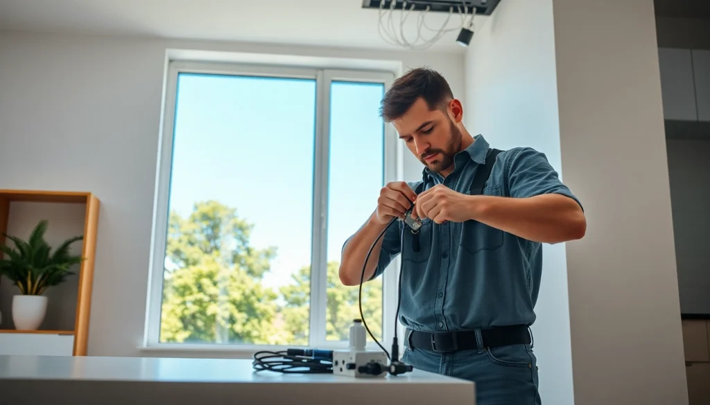 Electrical Contractor expertly installing wiring in a bright, modern home environment.