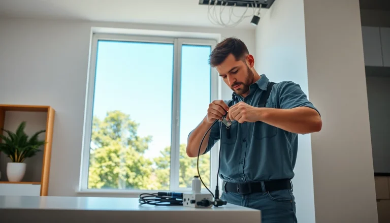 Electrical Contractor expertly installing wiring in a bright, modern home environment.