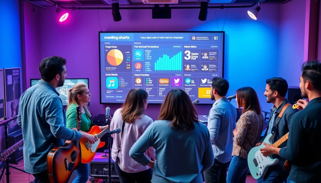 Engaging scene of music promotion services showcasing artists and marketers collaborating.