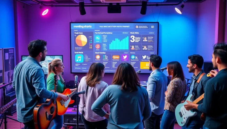 Engaging scene of music promotion services showcasing artists and marketers collaborating.