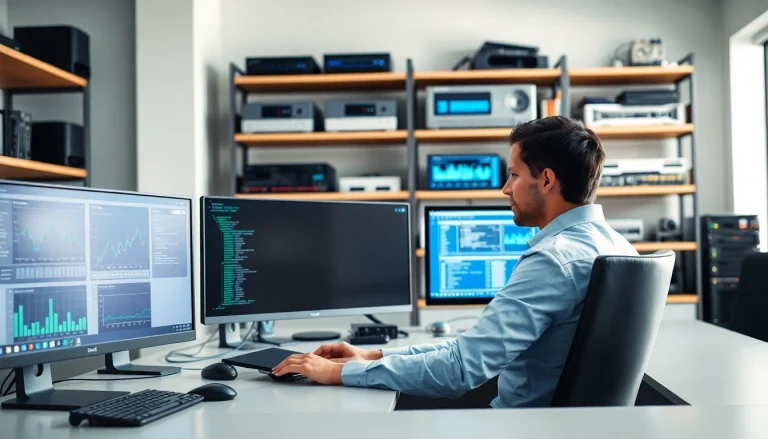 Streamlined backup services Markham showcased with an IT technician working in a modern office.