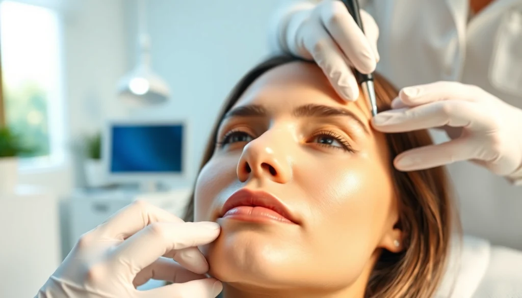 Patient receiving nasolabial fold filler treatment in a serene medical spa setting.