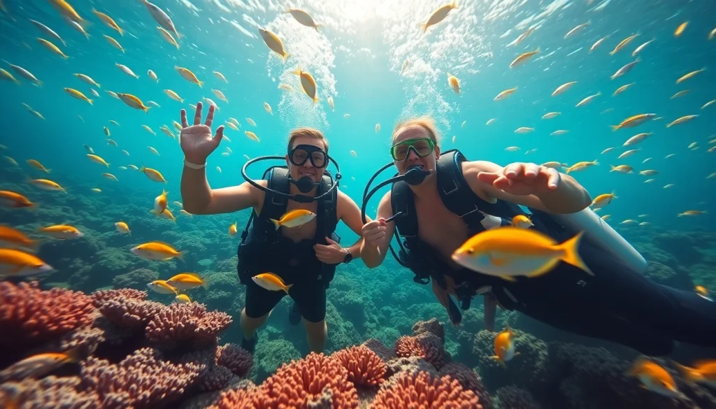 Scuba divers at PADI Certified dive shops in Belize enjoying vibrant coral reefs and marine life.