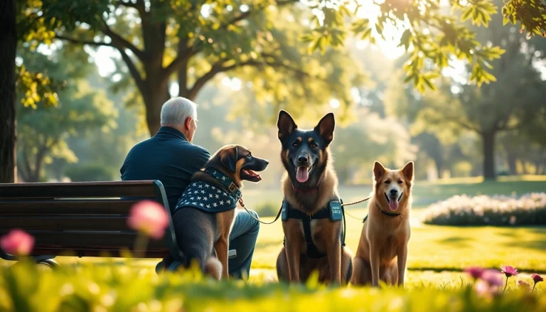 PTSD service dogs comforting a veteran in a peaceful park ambiance.
