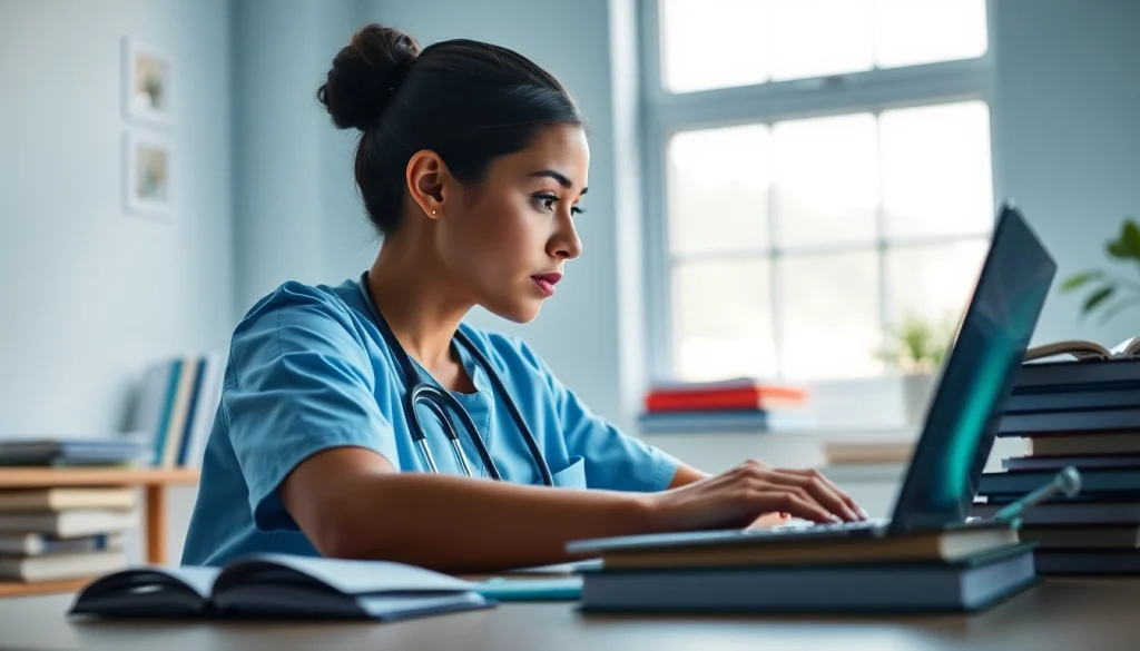 Nursing Continuing Education online with a focused nurse studying at a desk filled with books.