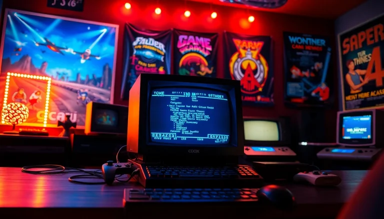 Engage with classic dos games online through a vibrant retro gaming setup featuring a nostalgic computer.