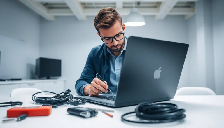 Technician performing computer services on a laptop with tools on a desk, emphasizing repair work.