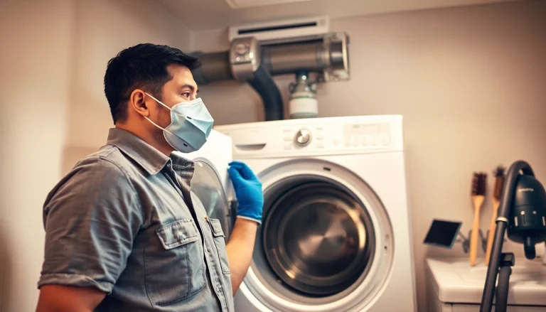 Cleaning dryer vent franchises near me in a well-organized laundry room, promoting professional maintenance services.