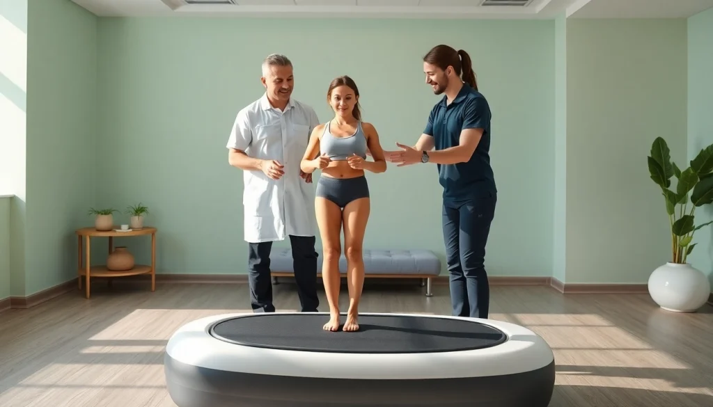 Client engaging in whole body vibration therapy with therapist's guidance in a wellness center.