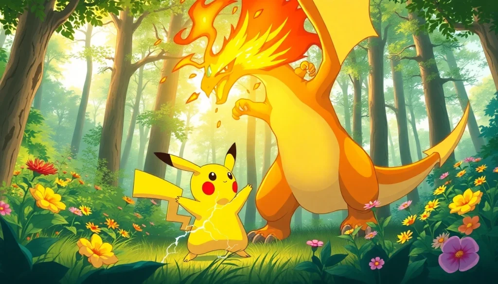 Pikachu unleashing electric powers while battling Charizard in a Pokémon showdown.