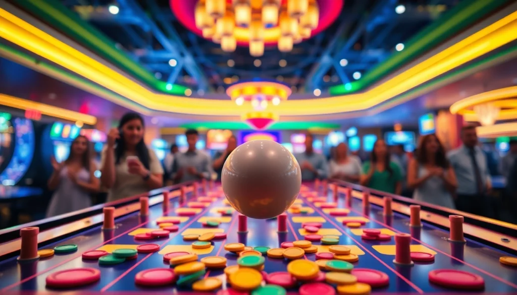 Permainan situs plinko yang menarik dengan bola jatuh dan cip berwarna-warni di kasino.