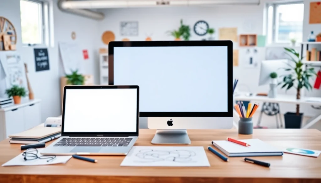 Craft engaging website design showcasing a modern interface setup across devices in a vibrant workspace.