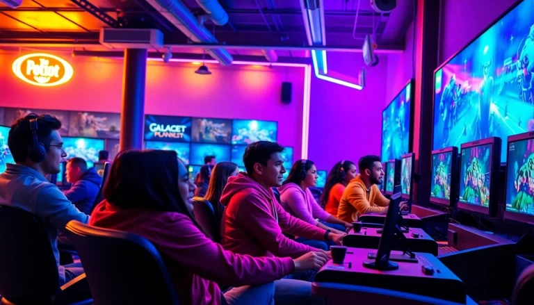 Mainkan game online dengan teman-teman di lingkungan permainan yang modern dan penuh warna.