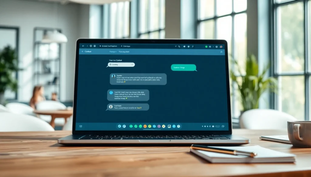 Enhance customer service with a professional website chatbot on a laptop in a bright office.