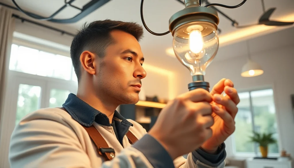 Electrician providing precise electrical service while installing a fixture in a stylish living room.