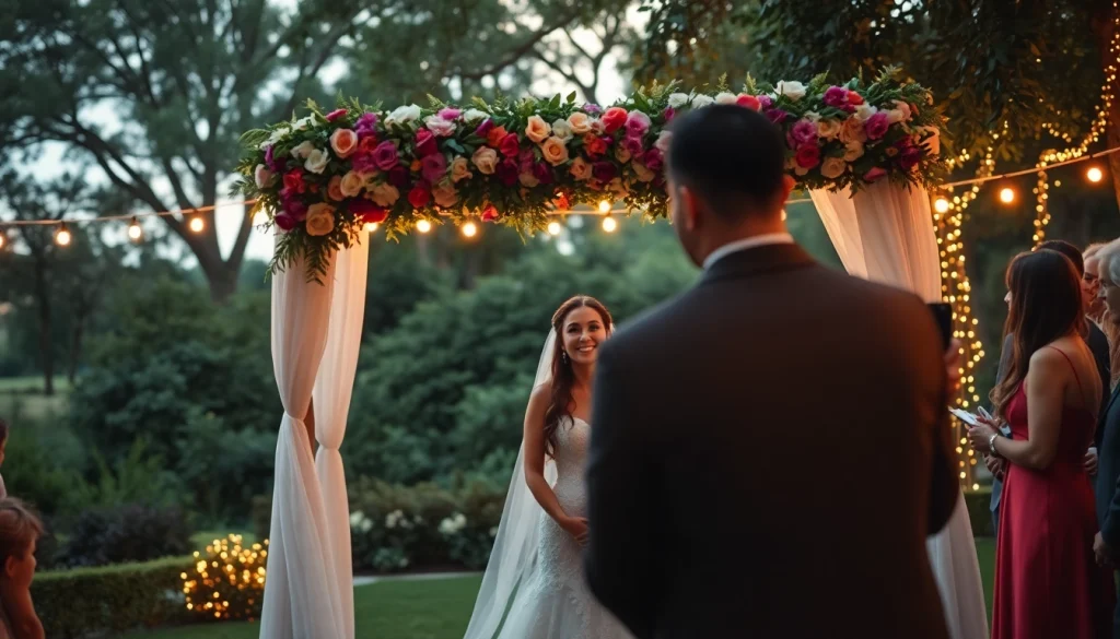 Tallahassee Wedding Photographer capturing an enchanting wedding scene with floral decorations.
