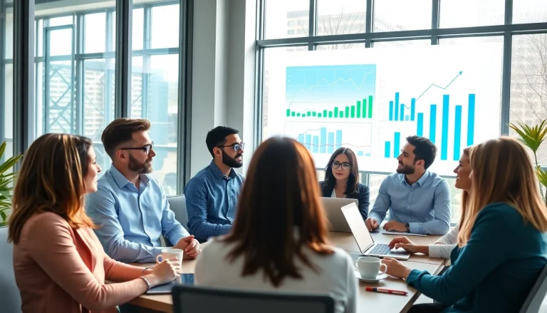 Analyze business trends in a vibrant meeting room with diverse entrepreneurs discussing growth.
