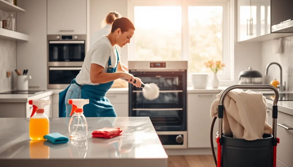 Oven cleaning dubai experts performing thorough cleaning in a bright kitchen for a pristine finish.