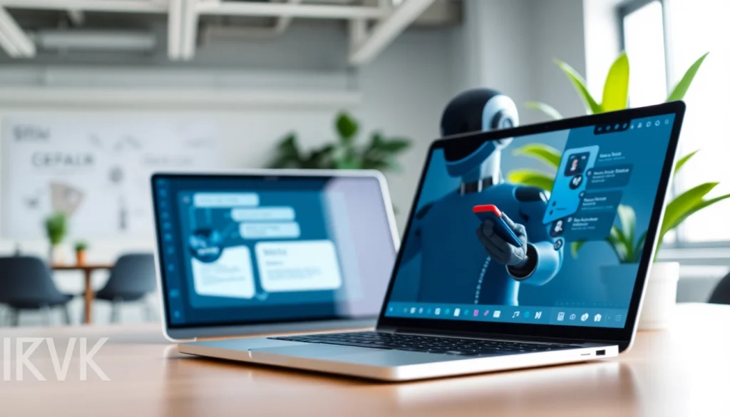 Engage with an AI chatbot for website in a modern office, showcasing user interaction.