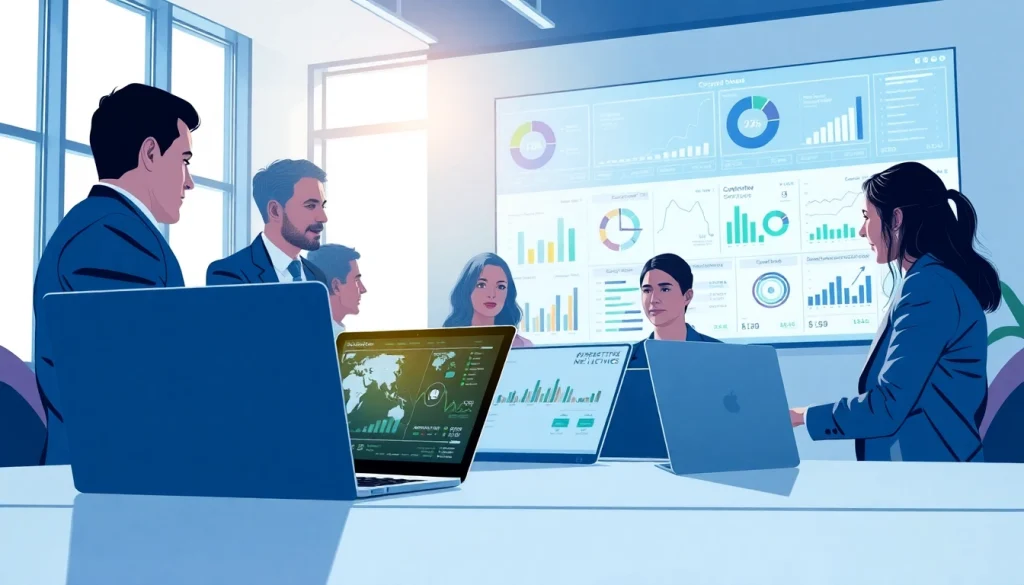 Analyze competitive intelligence data in a modern office setting with a collaborative team.