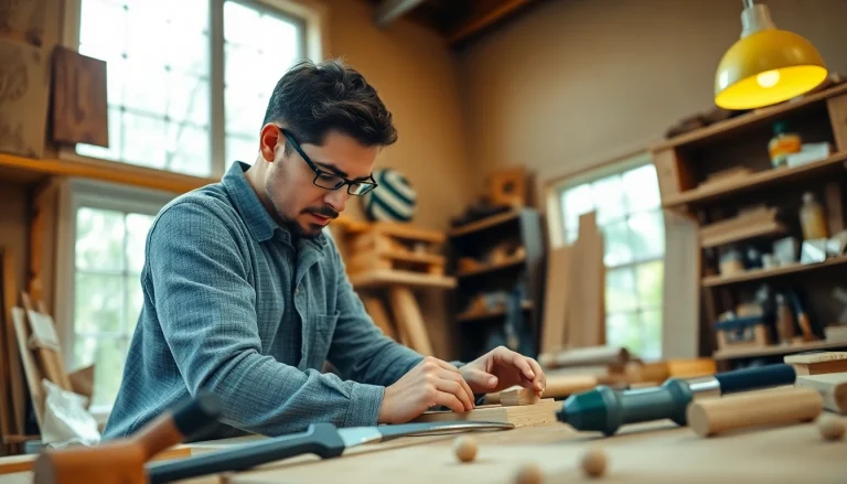 Engaged in carpentry apprenticeship near me, a carpenter works skillfully in a sunlit workshop.