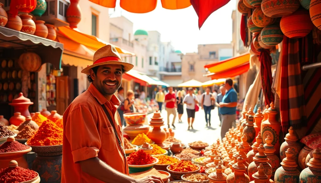 Viajar a Marruecos a través de un mercado vibrante con especias coloridas y textiles artesanales.