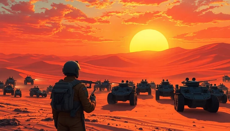 Engage with the strategic action of dune 2 game in a realistic desert battlefield scene.