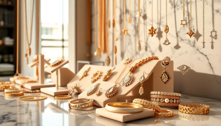 Showcase of women jewelry featuring elegant pieces like necklaces and earrings in a refined setting.
