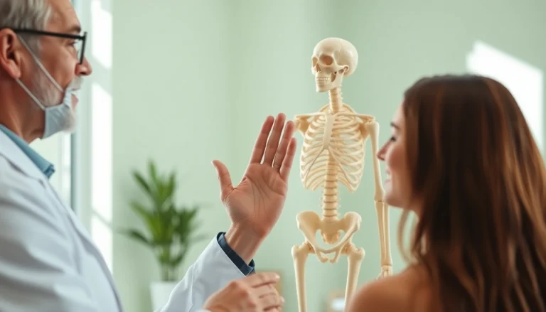 Rheuma-Behandlung durch einen Arzt in einer einladenden Klinik im Austausch mit einem Patienten.