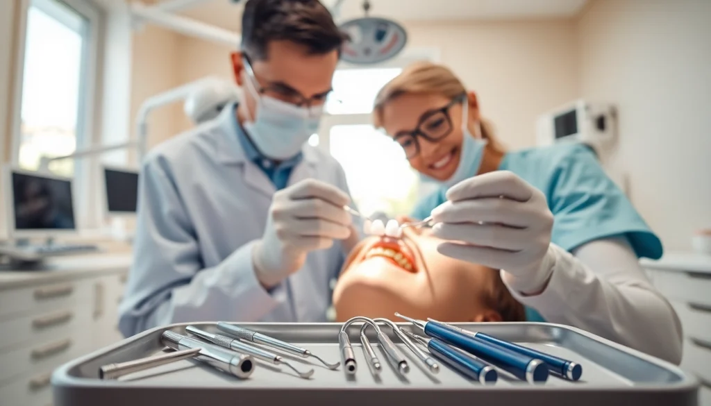 Installing bridges for dental restoration in a modern clinic with soothing colors.