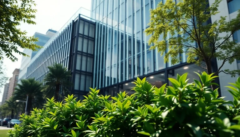 Architekturvisualisierung eines modernen Bürogebäudes in urbaner Umgebung mit lebendiger Landschaft.