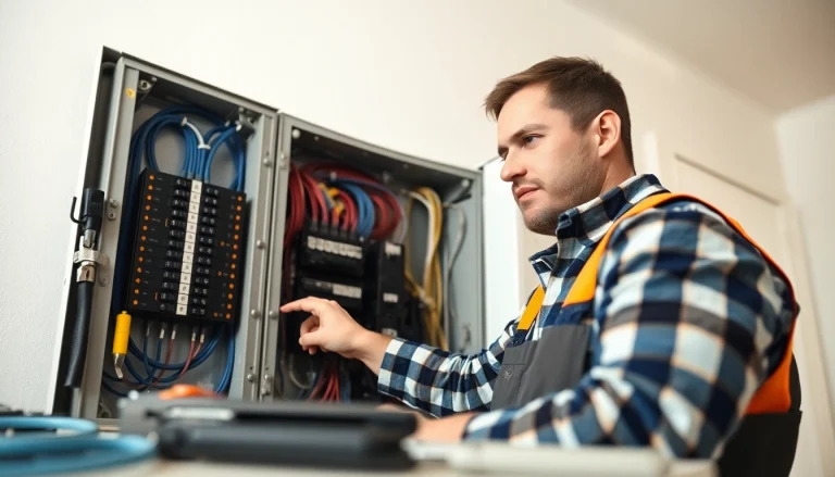 Electrician performing an Electrical Panel Upgrade showcasing modern equipment and tools in a safe environment.