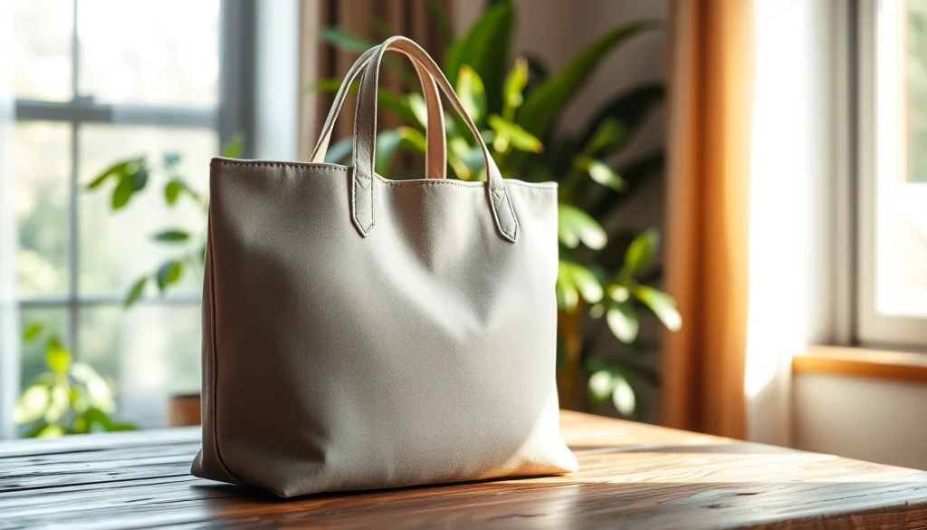Showcase a trendy tote bag with unique patterns, emphasizing its stylish design and textured fabric.
