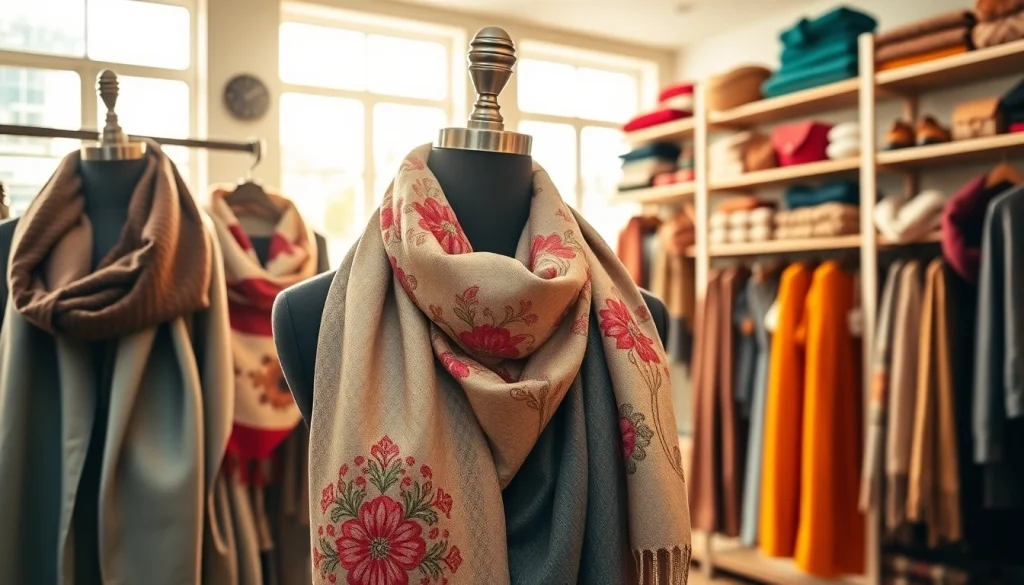 Find beautiful scarves near me in a stylish boutique filled with vibrant colors and textures.