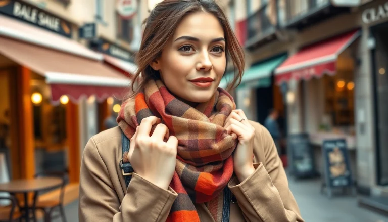 Stylish woman showcasing scarves for women in a vibrant urban setting.