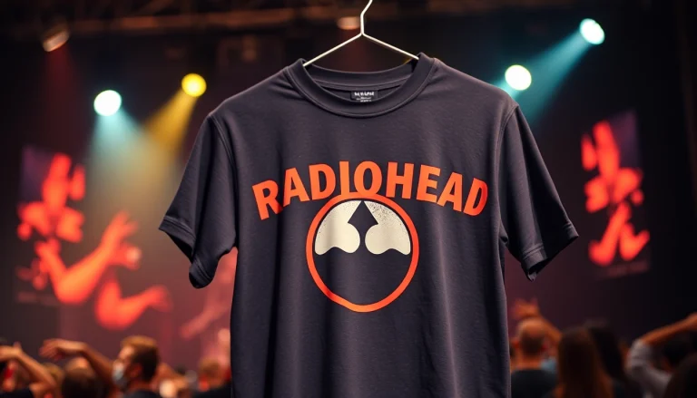 Showcasing vibrant Radiohead merch, a vintage band t-shirt illuminated in a concert-inspired setting.