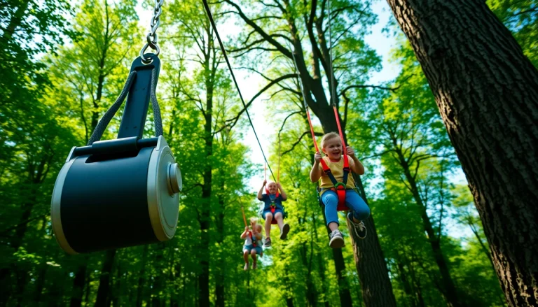 Children enjoying ZIP WIRE KITS in a vibrant forest, showcasing fun and safety.