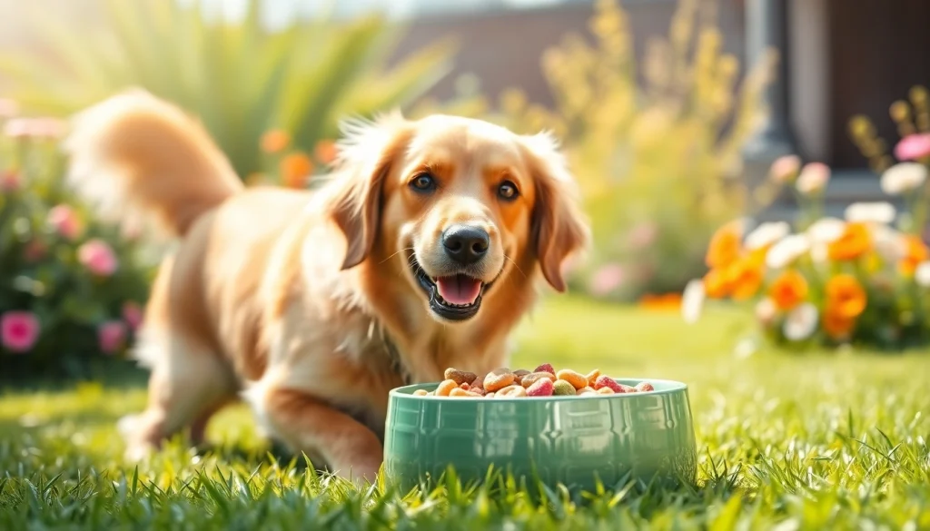 Dog enjoying badlands ranch superfood complete in a sunny garden, embodying happiness and health.
