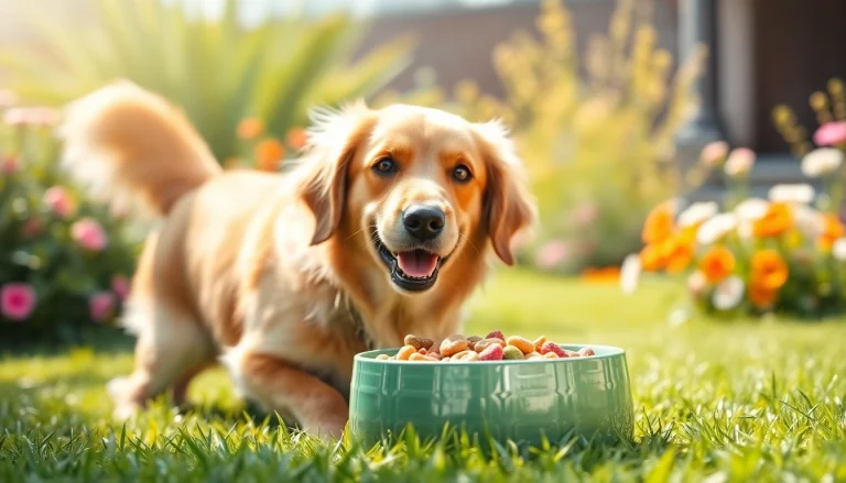 Dog enjoying badlands ranch superfood complete in a sunny garden, embodying happiness and health.
