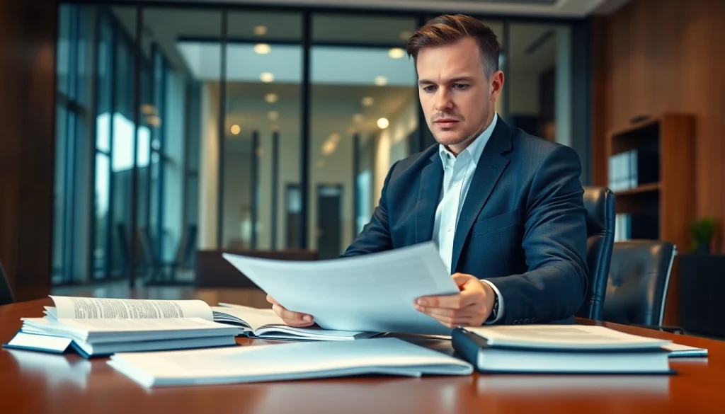 Engaged intellectual property lawyer reviewing documents in a bright office.