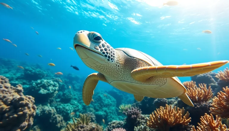 Turtle snorkel provides a scenic view of a sea turtle swimming among vibrant coral reefs.